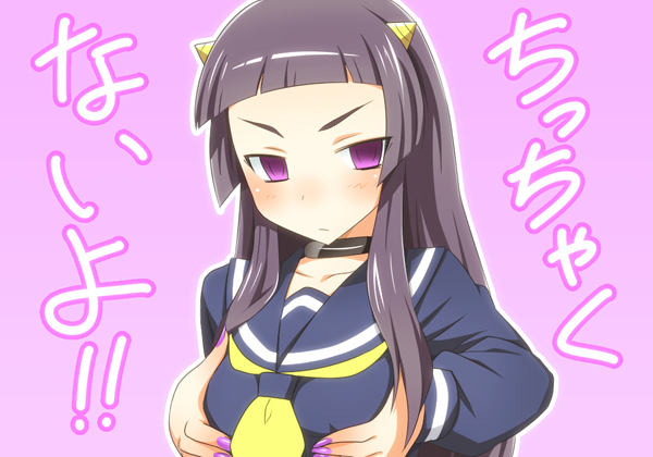 black_hair blush breast_lift breasts bust choker horns kami_nomi_zo_shiru_sekai lune_(kaminomi) nail_polish payot purple_eyes school_uniform serafuku solo translated translation_request violet_eyes yuto