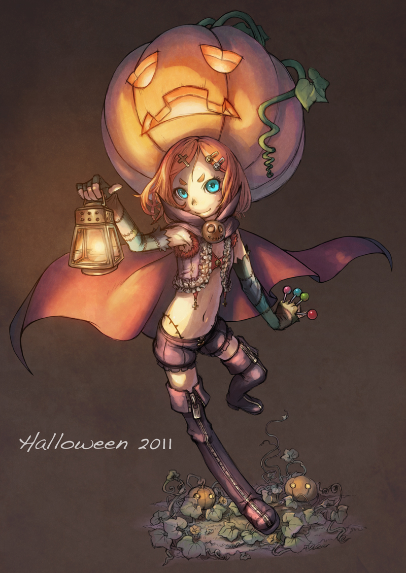 2011 aqua_eyes boots candy cape dark dark_background food hair_ornament hairclip halloween hat jack-o'-lantern lantern leg_lift lollipop midriff nukomasu orange_hair original pumpkin scar short_hair shorts solo standing standing_on_one_leg stitches thigh-highs thigh_boots thighhighs vines zipper