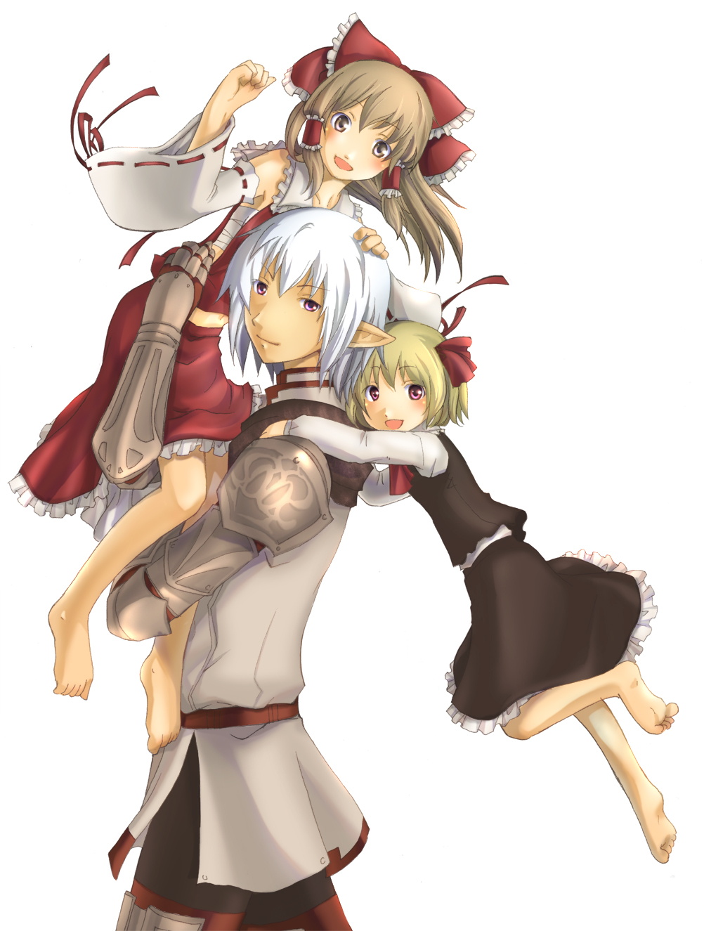 1boy 2girls armor barefoot blonde_hair bow brown_eyes brown_hair buront carrying_over_shoulder clenched_hand detached_sleeves elf elvaan final_fantasy final_fantasy_xi gauntlets hair_bow hakurei_reimu highres kujimaru looking_at_viewer midriff multiple_girls open_mouth piggyback pointy_ears red_eyes rumia sarashi simple_background smile the_iron_of_yin_and_yang touhou violet_eyes walking white_background white_hair