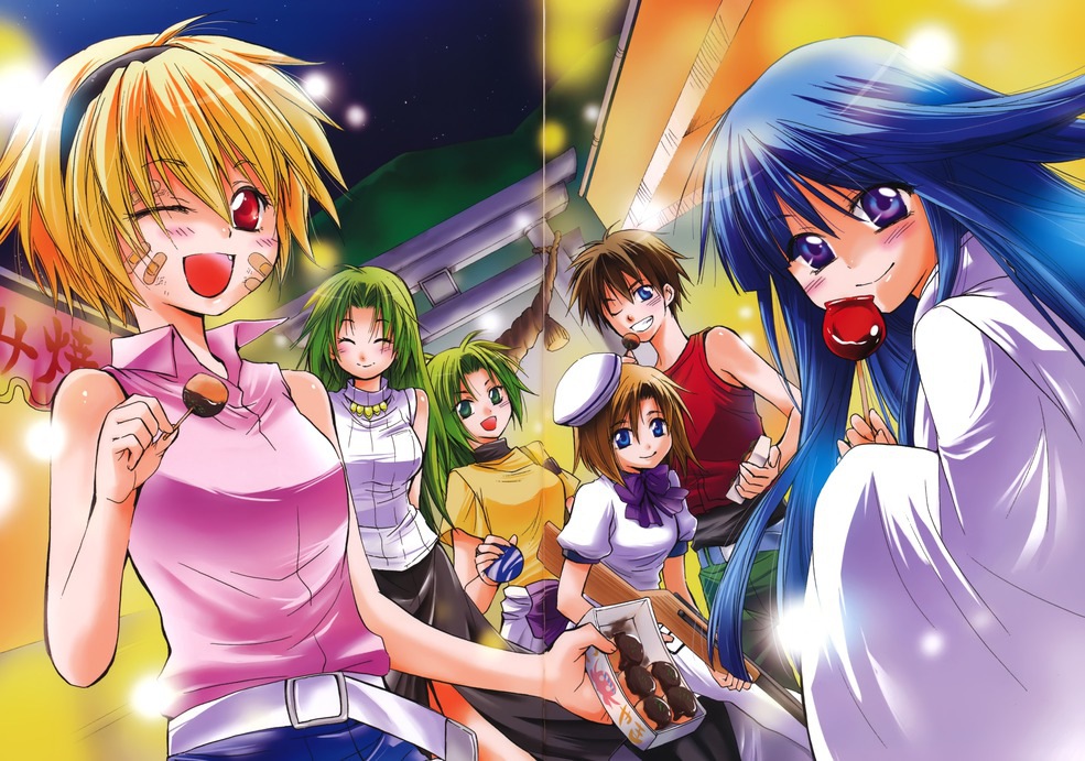 5girls bandaid beret blonde_hair blue_eyes blue_hair blush brown_hair closed_eyes dress eyes_closed fang festival food furude_rika green_eyes green_hair gun hairband hat higurashi_no_naku_koro_ni houjou_satoko japanese_clothes long_hair long_sleeves maebara_keiichi miko multiple_girls orange_hair pink_eyes ponytail purple_eyes ribbon ryuuguu_rena short_hair siblings sisters skirt smile sonozaki_mion sonozaki_shion twins violet_eyes weapon wink