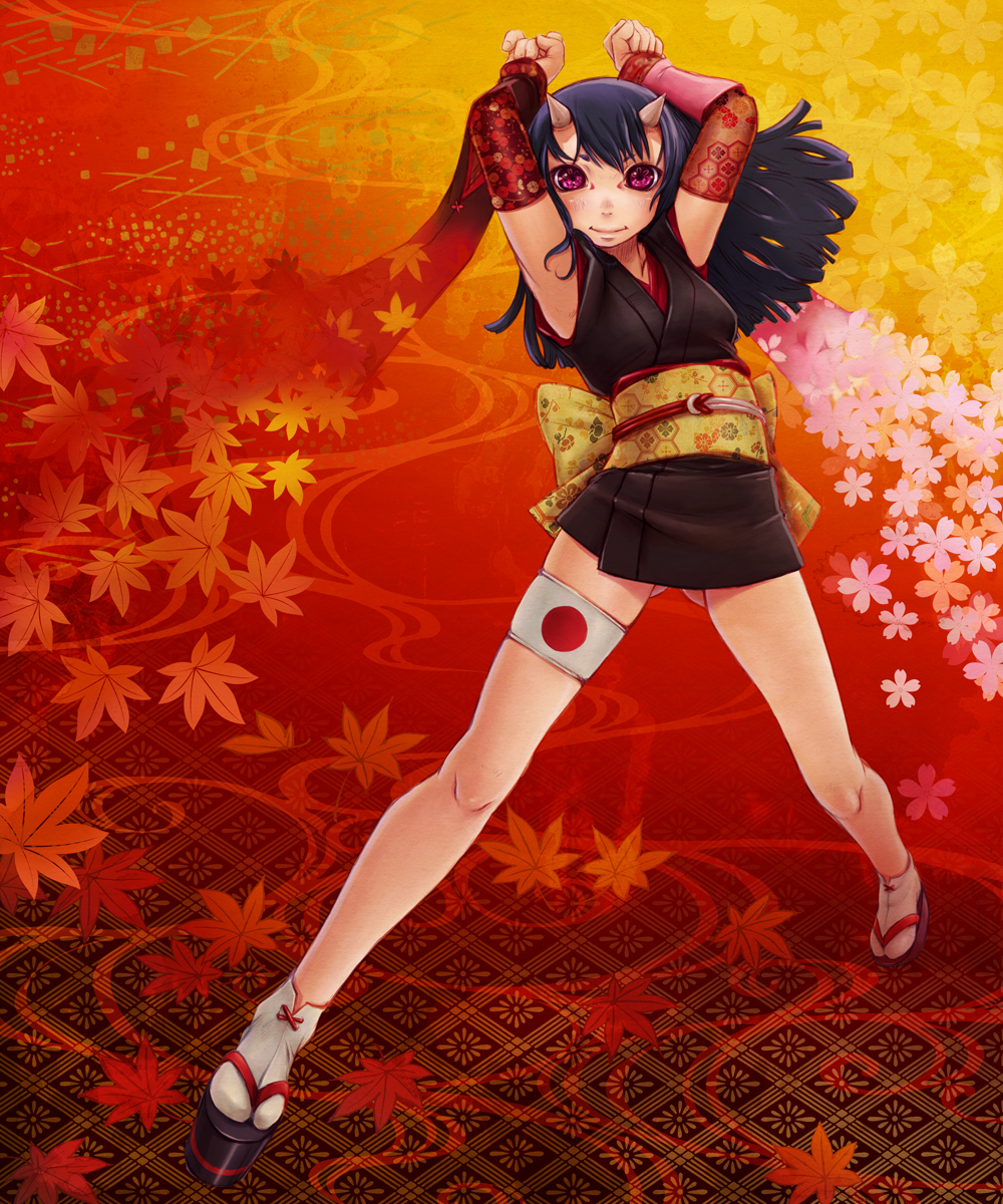 armpits arms_up background cherry_blossoms detached_sleeves floral_background flower geta hexagon highres hinomoto_oniko horns japanese_clothes japanese_flag kimono leaf legs long_hair long_sleeves looking_at_viewer maple_leaf nukomasu obi original purple_eyes purple_hair red_background sandals short_kimono solo spread_legs standing tabi violet_eyes