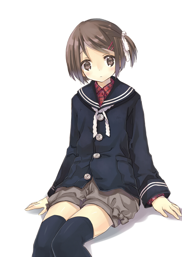 artist_request black_legwear brown_eyes brown_hair coat copyright_request hair_ornament hairclip looking_at_viewer miyoshino school_uniform short_hair shorts side_ponytail simple_background sitting solo source_request thigh-highs thighhighs white_background
