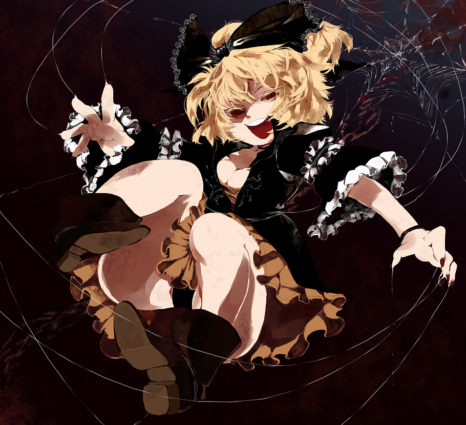 blonde_hair blood boots bow bracelet breasts cleavage dark_background dress fingernails frills hair_bow iroyopon jewelry kurodani_yamame nail nail_polish open_mouth red_eyes ribbon short_hair skirt smile solo spider_web touhou underwear