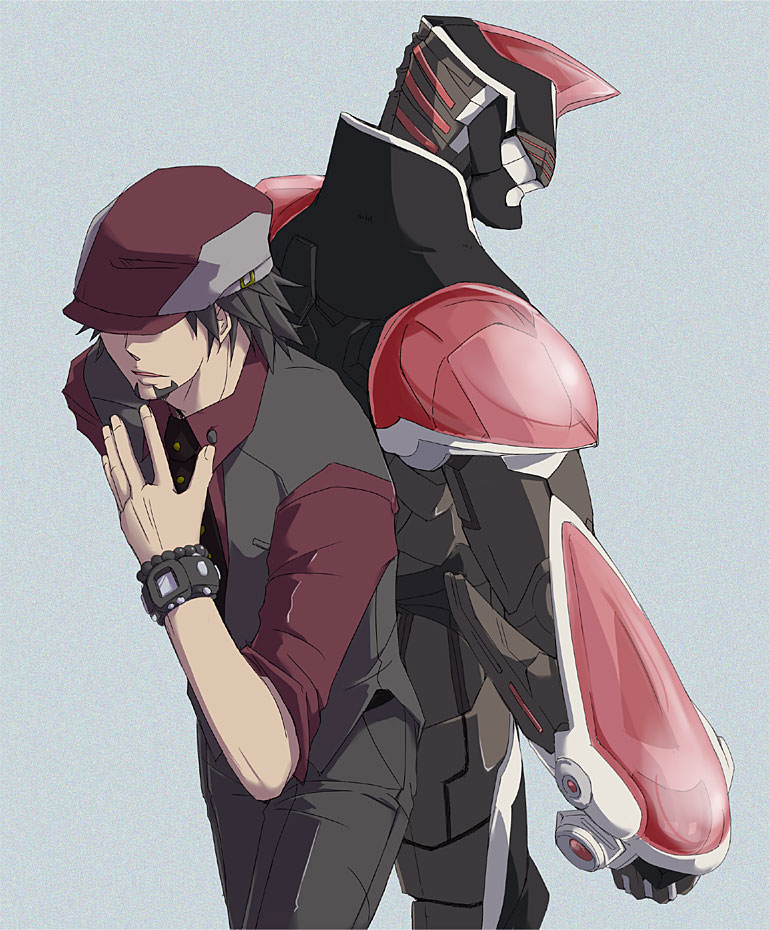 android bracelet brown_hair cabbie_hat dark_persona ebitetsu facial_hair h-01 hat hat_covering_eyes hat_over_eyes jewelry ko-ma-me multiple_boys necktie power_armor power_suit robot short_hair stubble superhero tiger_&amp;_bunny vest waistcoat watch wristwatch