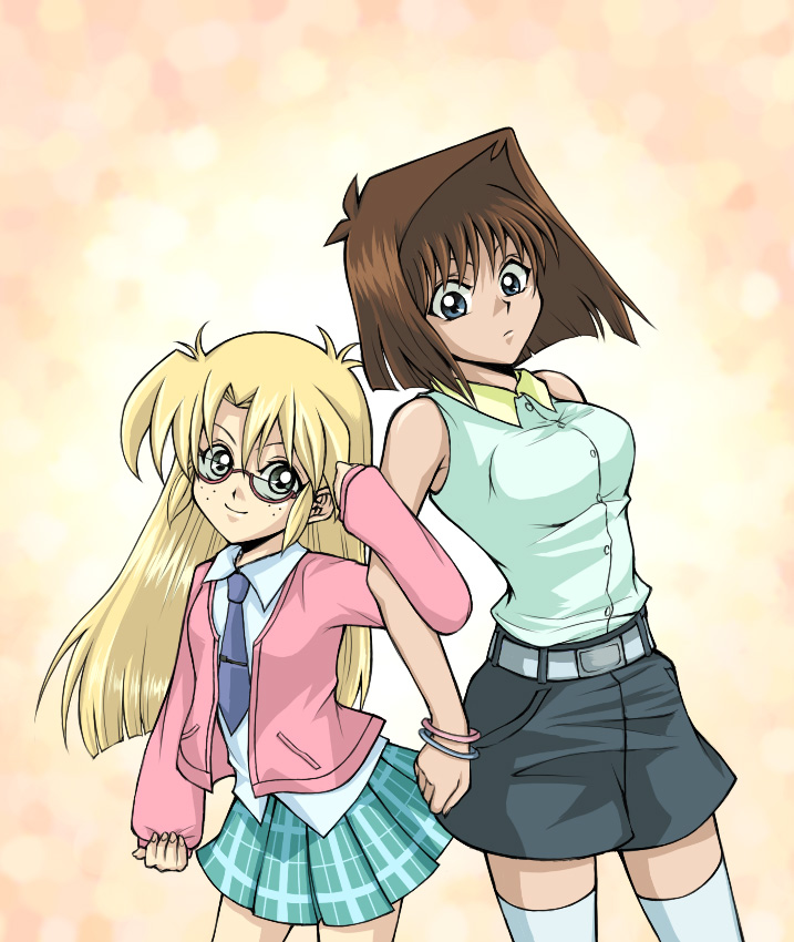 2girls bare_shoulders belt blonde_hair blue_eyes bracelet brown_hair freckles glasses jacket jewelry long_hair long_sleeves mazaki_anzu multiple_girls necktie pleated_skirt rebecca_hopkins school_uniform short_hair skirt sleeveless smile thigh-highs white_legwear xxxmana_tea yuu-gi-ou yuu-gi-ou_duel_monsters