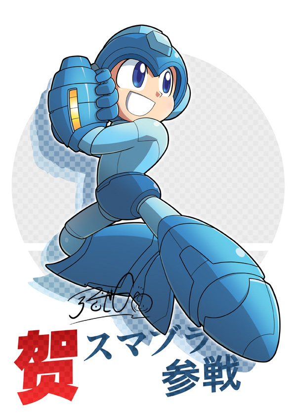 1boy android arm_cannon blue_eyes bodysuit g_(gpula) grin helmet rockman rockman_(character) rockman_(classic) signature smile solo super_smash_bros. weapon