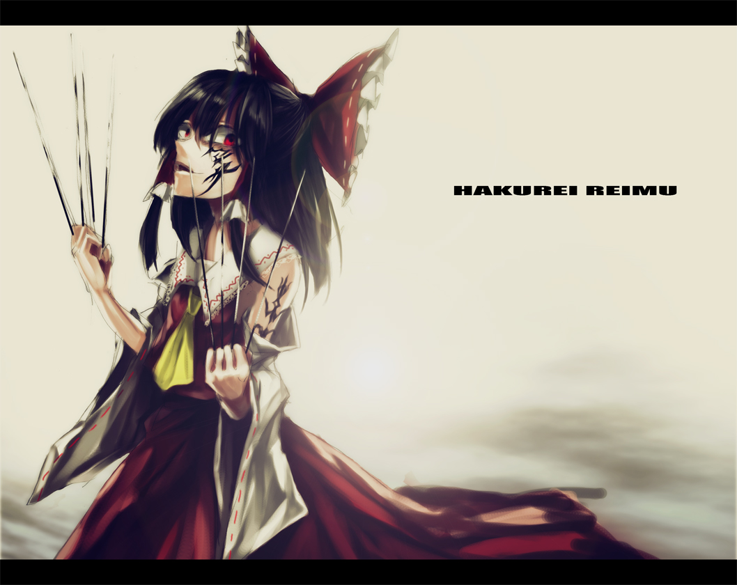 1girl ascot bare_shoulders between_fingers black_hair bow crazy_smile detached_sleeves dress dual_wielding facial_tattoo hair_bow hair_tubes hakurei_reimu lastdark letterboxed long_sleeves looking_at_viewer needle open_mouth red_dress red_eyes solo tattoo touhou turning wide_sleeves