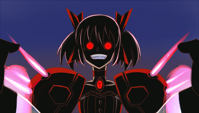 blue_background bow choker dark evil_smile female fusion glowing glowing_eyes gradient gradient_background grin gundam gundam_age gundam_age-1 gundam_age-1_titus hair_bow kaname_madoka linda_b magical_girl mahou_shoujo_madoka_magica mecha_musume mechanical_arms parody rape_face red_eyes seiyuu_connection senki_zesshou_symphogear sharp_teeth short_twintails simple_background smile solo twintails yuuki_aoi