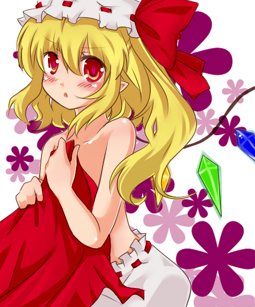 bad_id blonde_hair bloomers blush colored flandre_scarlet hat long_hair mushi_baibai noichigo pointy_ears red_eyes side_ponytail solo the_embodiment_of_scarlet_devil topless touhou wings