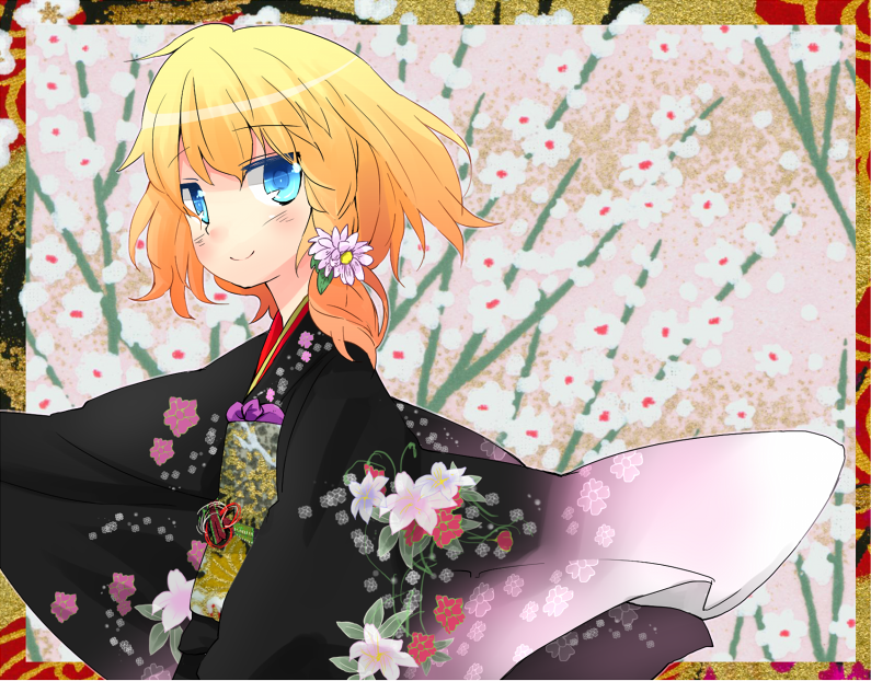 blonde_hair blue_eyes blush floral_print flower hair_flower hair_ornament japanese_clothes kimono kirisame_marisa smile solo taker touhou