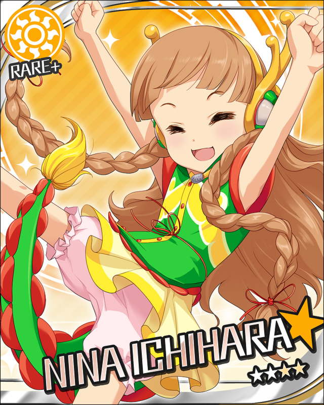 &gt;_&lt; :d arms_up bangs blunt_bangs bowl_cut brown_hair character_name ichihara_nina idolmaster idolmaster_cinderella_girls long_hair official_art open_mouth petite smile solo star sun_(symbol) tail twintails xd