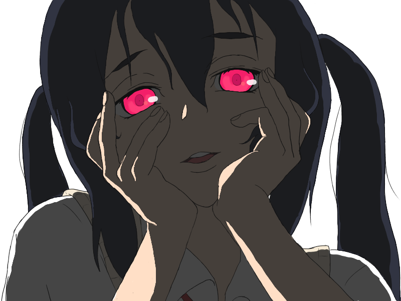 black_hair glowing glowing_eyes hands_on_own_cheeks hands_on_own_face k-on! nakano_azusa oekaki open_mouth parody solo yandere yandere_trance