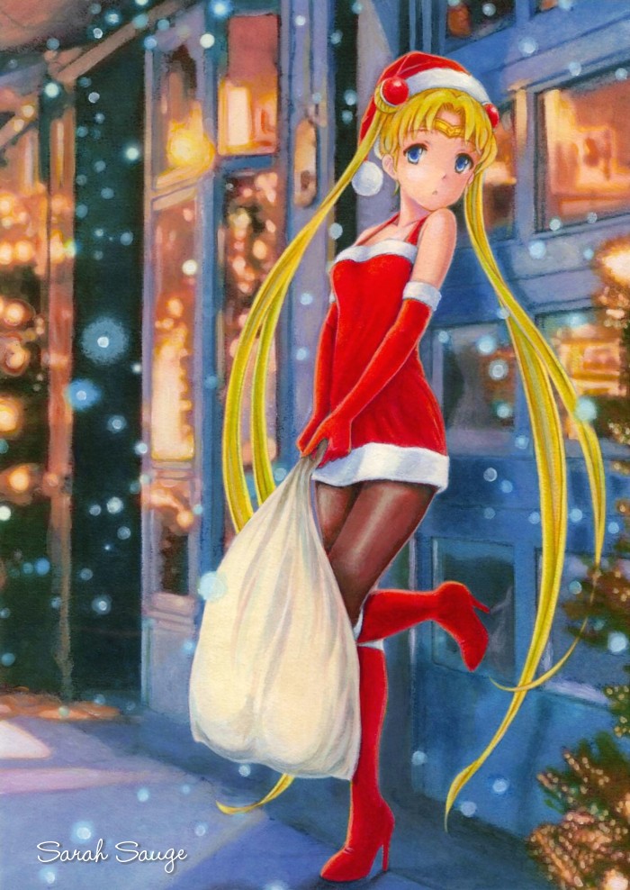 acrylic_paint_(medium) bad_id bare_shoulders bishoujo_senshi_sailor_moon blonde_hair blue_eyes boots christmas hat pantyhose pastel_(medium) sailor_moon santa_costume santa_hat sarah_sauge snow snowing solo standing_on_one_leg traditional_media tsukino_usagi twintails