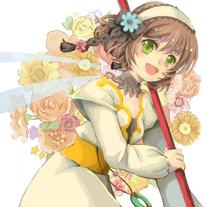 bow brown_hair coat detached_collar floral_background flower green_eyes hair_flower hair_ornament hair_ribbon hairband koma_tori leia_roland ribbon rod short_hair smile solo tales_of_(series) tales_of_xillia