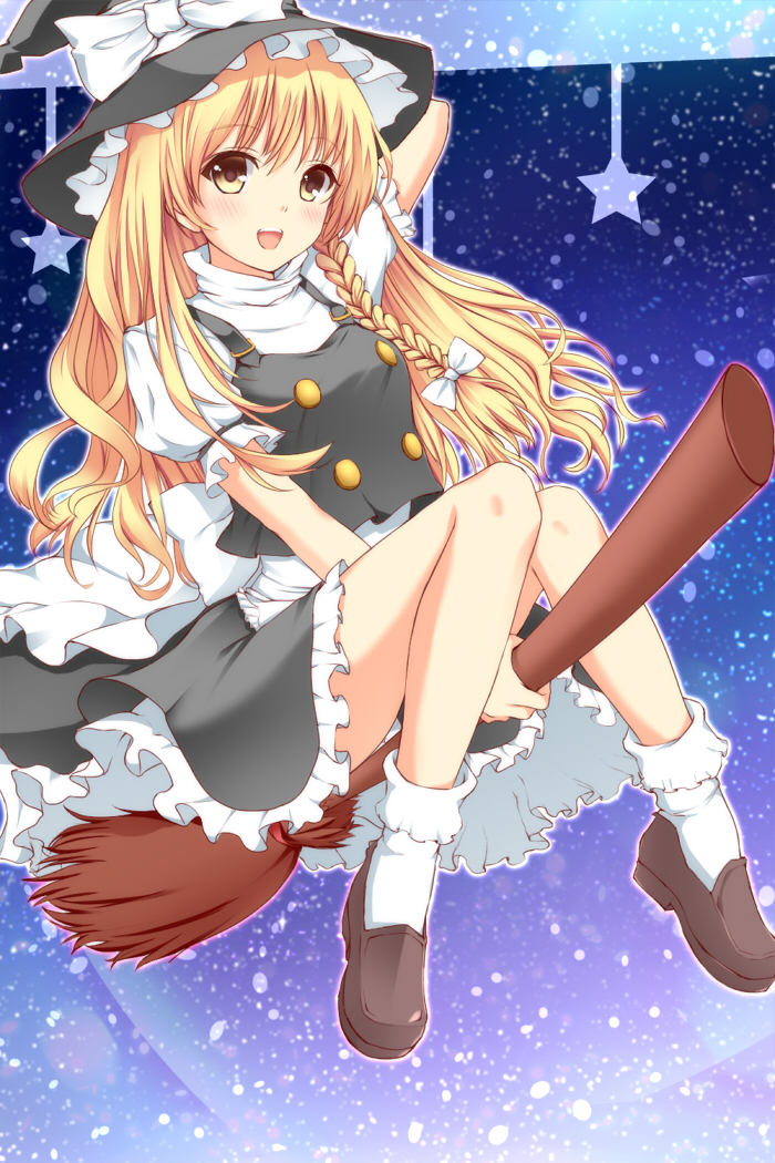apron between_legs blonde_hair braid broom broom_riding colored hair_ribbon hand_between_legs hand_on_hat hat kirisame_marisa long_hair noumin open_mouth ribbon shirt skirt skirt_set smile solo star touhou vest witch witch_hat yellow_eyes