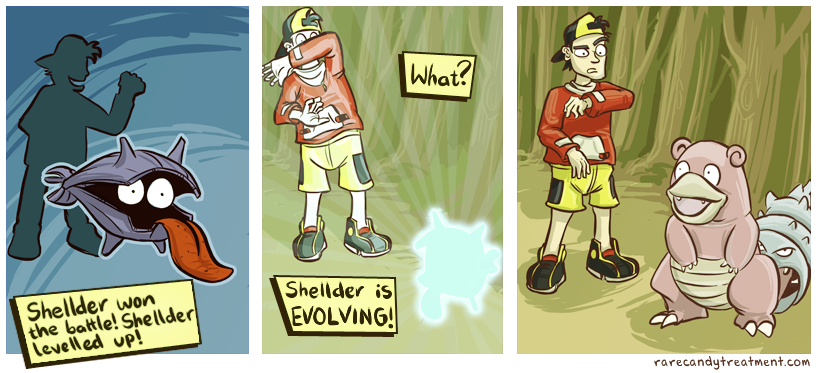 1boy 3koma arm_up baseball_cap blue_background bummerdude comic covering covering_face evolution fangs gold_(pokemon) hat irony light long_sleeves outdoors pokemon pokemon_(creature) sepia_background shellder shoes shorts silhouette slowbro smile standing tongue tongue_out tree watermark web_address