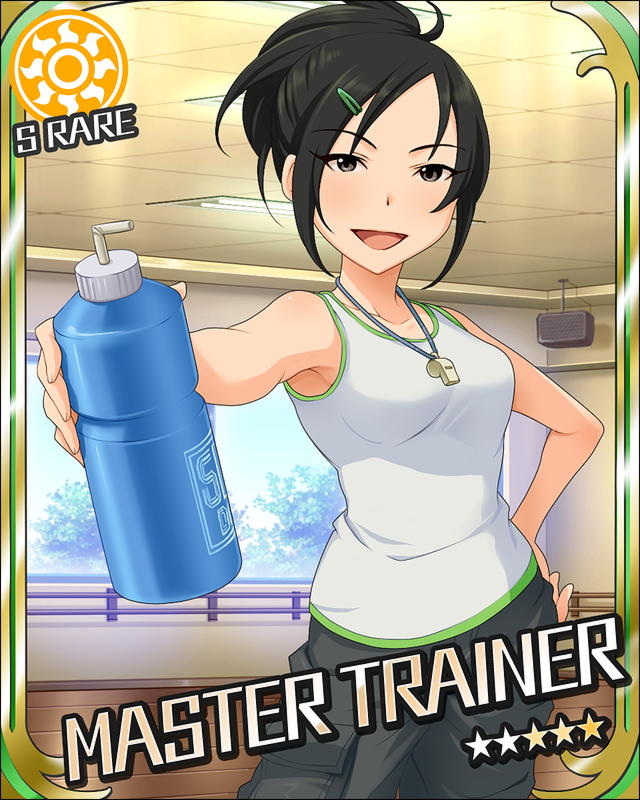 black_eyes black_hair bottle cargo_pants character_name hair_ornament hairclip hand_on_hip idolmaster idolmaster_cinderella_girls master_trainer official_art open_mouth solo star sun_(symbol) swept_bangs tank_top trainer_(idolmaster) water_bottle whistle