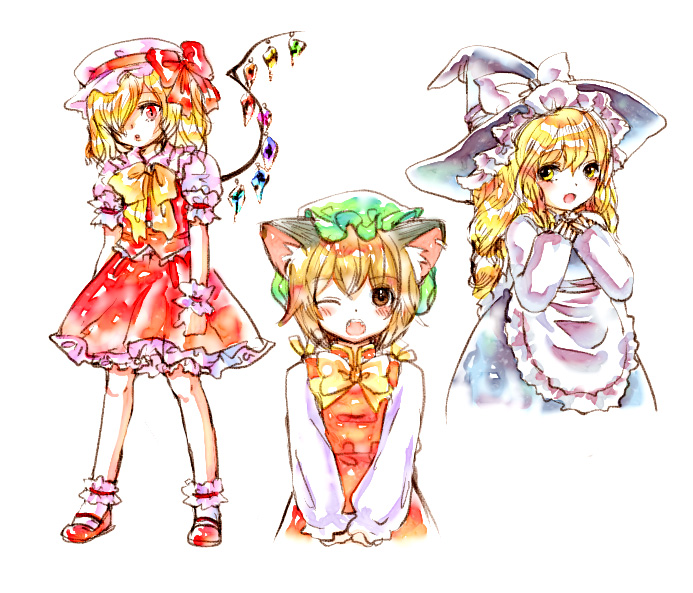 animal_ears apron blonde_hair blush brown_eyes brown_hair bust cat_ears chen child clariate earrings flandre_scarlet hair_over_one_eye hat jewelry kirisame_marisa long_hair multiple_girls red_eyes short_hair simple_background touhou wings wink witch witch_hat yellow_eyes