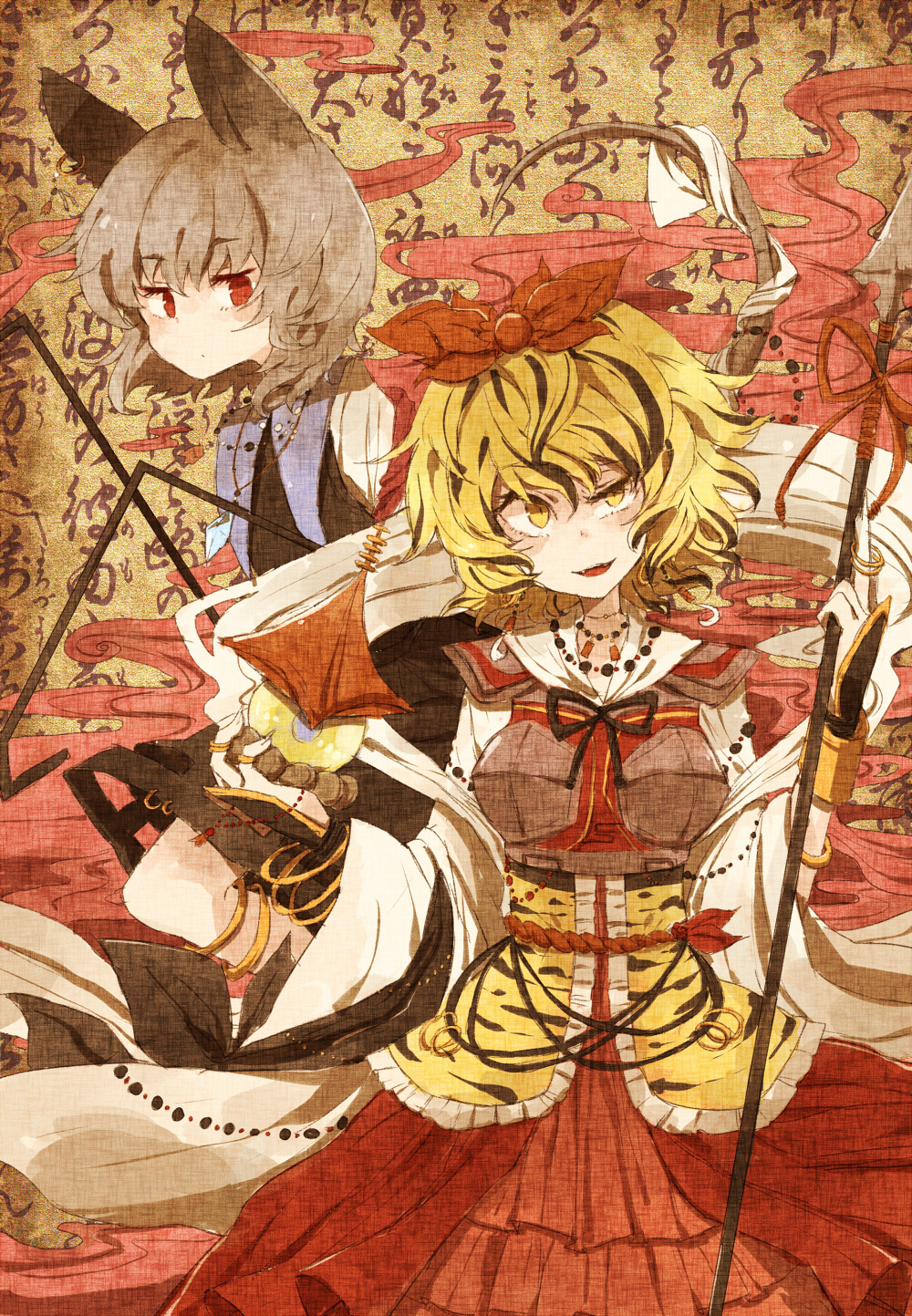 animal_ears blonde_hair brown_hair capelet dowsing_rod earrings embellished_costume gauntlets gem grey_hair hair_ornament hato_satobeni highres hisona_(suaritesumi) jeweled_pagoda jewelry legband mouse_ears mouse_tail multicolored_hair multiple_girls nazrin necklace pendant polearm red_eyes ribbon ring sash shawl shirt short_hair skirt smirk spear squinting tail tail_ribbon thighlet tiger_print toramaru_shou touhou two-tone_hair weapon yellow_eyes