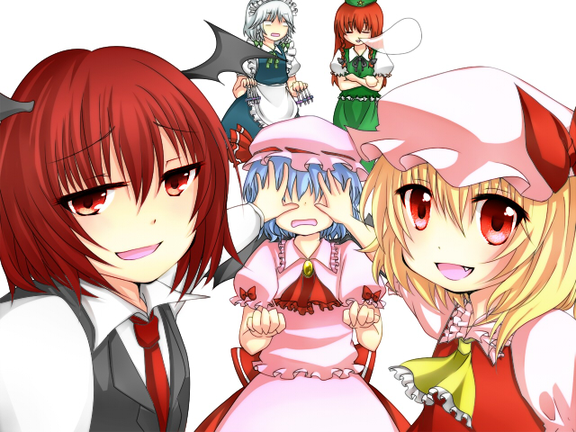 :d alternate_hairstyle apron ascot bat_wings between_fingers blonde_hair blue_hair braid china_dress chinese_clothes covering covering_eyes covering_face crossed_arms dress_shirt fang flandre_scarlet frills h-arukiti hand_on_another's_face hat hat_ribbon hong_meiling izayoi_sakuya knife koakuma long_hair maid maid_headdress multiple_girls necktie nose_bubble open_mouth red_eyes red_hair redhead remilia_scarlet ribbon shirt short_hair silver_hair simple_background skirt skirt_set sleeping sleeping_upright sly smile star the_embodiment_of_scarlet_devil throwing_knife touhou troll_face twin_braids vest waist_apron wavy_mouth weapon wings