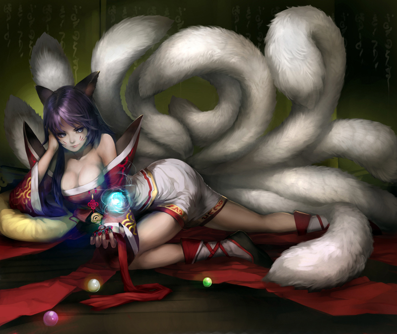 ahri animal_ears arm_support bare_shoulders blue_eyes breasts cleavage epic facial_mark fox fox_ears fox_tail large_breasts league_of_legends long_hair lying multiple_tails naturaljuice on_side orb purple_hair solo tail youshun_(naturaljuice)