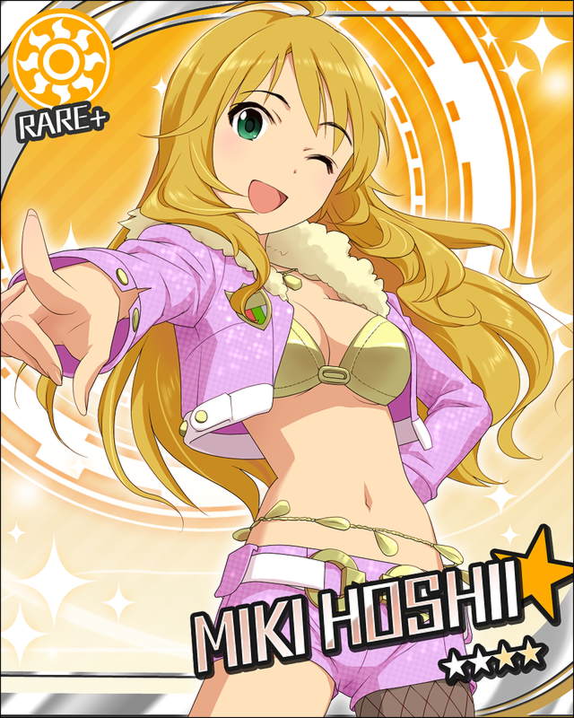 belly_chain blonde_hair character_name cool_&amp;_sexy_(idolmaster) fishnet_legwear fishnet_pantyhose fishnet_stockings fishnets fur_collar hoshii_miki idolmaster idolmaster_cinderella_girls legwear long_hair official_art pantyhose pointing short_shorts shorts smile solo star sun_(symbol) thigh-highs thighhighs wink
