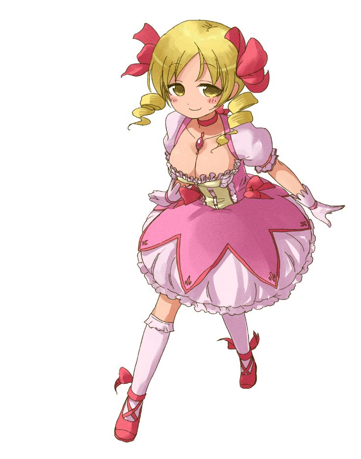 abekawa blonde_hair bow breasts bubble_skirt choker cleavage cosplay drill_hair gem gloves hair_bow kaname_madoka kaname_madoka_(cosplay) kneehighs large_breasts magical_girl mahou_shoujo_madoka_magica pink_legwear shoes short_sleeves simple_background skirt smile solo tomoe_mami twin_drills twintails white_background yellow_eyes