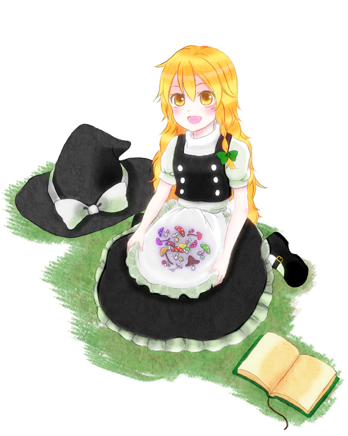 bad_id blonde_hair blush book hat hat_removed headwear_removed hovering_kousin kirisame_marisa long_hair mary_janes mushroom shoes sitting skirt_basket smile solo touhou wariza witch witch_hat