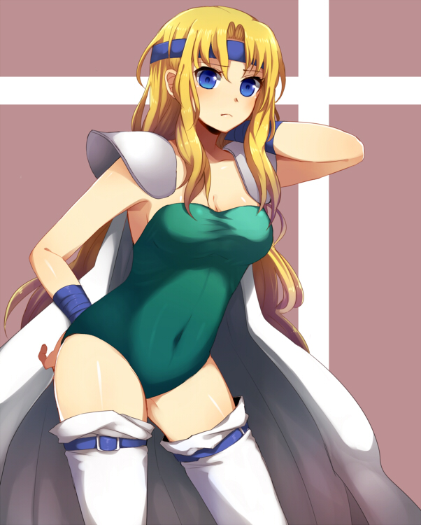 belt blonde_hair blue_eyes blush breasts cape celes_chere cleavage clothed_navel final_fantasy final_fantasy_vi frown headband kamanatsu large_breasts leotard long_hair shoulder_pads thigh-highs thigh_strap thighhighs white_legwear