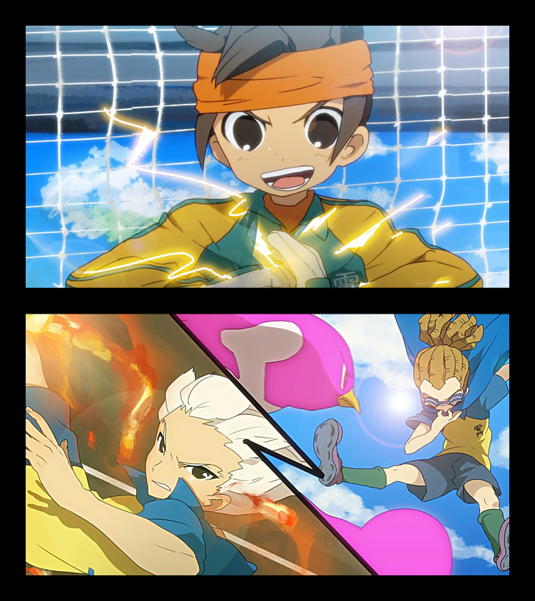 bad_id bird brown_eyes brown_hair cape endou_mamoru fire goal goalkeeper goggles gouenji_shuuya hairlocs headband inazuma_eleven inazuma_eleven_(series) kidou_yuuto multiple_boys open_mouth penguin raimon short_hair smile soccer_uniform whistle white_hair yo_yuma