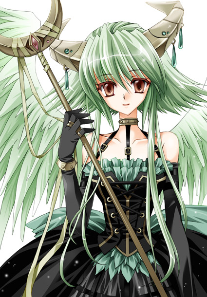 artist_request black_gloves brown_eyes choker dress elbow_gloves gloves green_hair green_wings hasegawa_yukino horns long_hair original short_hair smile staff white_background wings