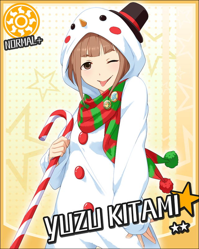 brown_hair candy_cane character_name costume idolmaster idolmaster_cinderella_girls kitami_yuzu official_art scarf snowman solo star sun_(symbol) tongue tongue_out