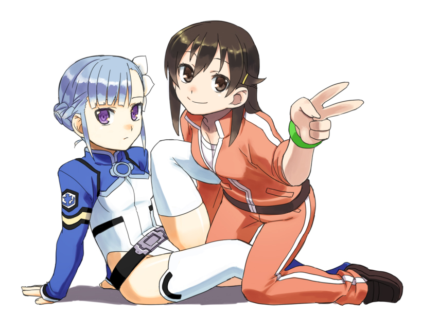 blue_hair bodysuit brown_eyes brown_hair fin_ay_ludo_sui_lavinty fin_e_ld_si_laffinty jersey kyouno_madoka purple_eyes rinne_no_lagrange shigehiro_(artist) sitting sleeves_rolled_up track_jacket track_suit v violet_eyes