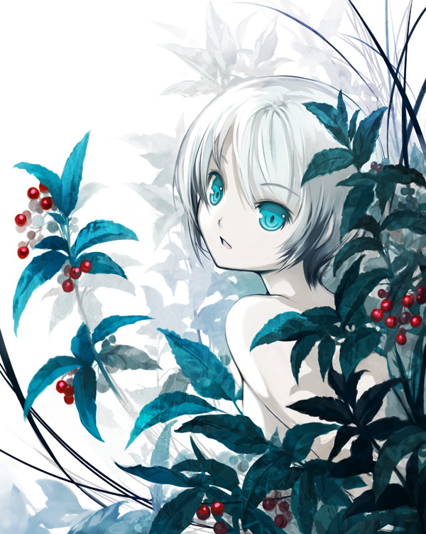 bad_id berries blue_eyes kawasumi_(japonica) leaf looking_at_viewer nature original outdoors plant short_hair solo topless white_hair