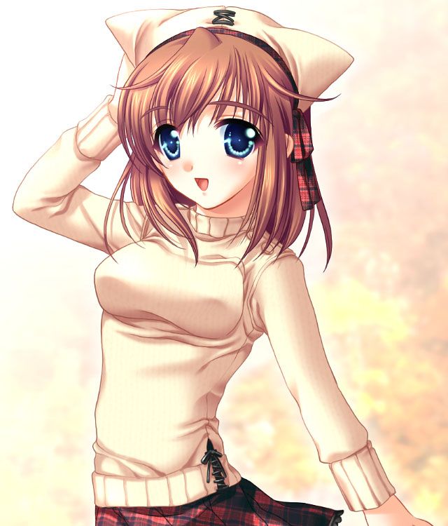 artist_request blue_eyes brown_hair character_request copyright_request happy hat nekohat open_mouth short_hair skirt smile source_request sweater turtleneck unmoving_pattern