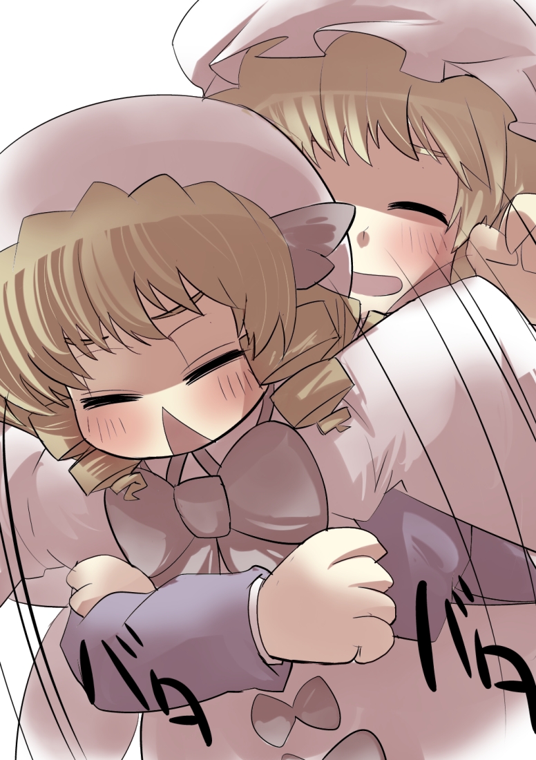 &gt;:&lt; =_= ^_^ annoyed blonde_hair blush bow bust chestnut_mouth closed_eyes drill_hair eyes_closed flapping gaoo_(frpjx283) hat hug hug_from_behind luna_child maribel_hearn multiple_girls open_mouth outstretched_arms spread_arms struggling touhou twin_drills