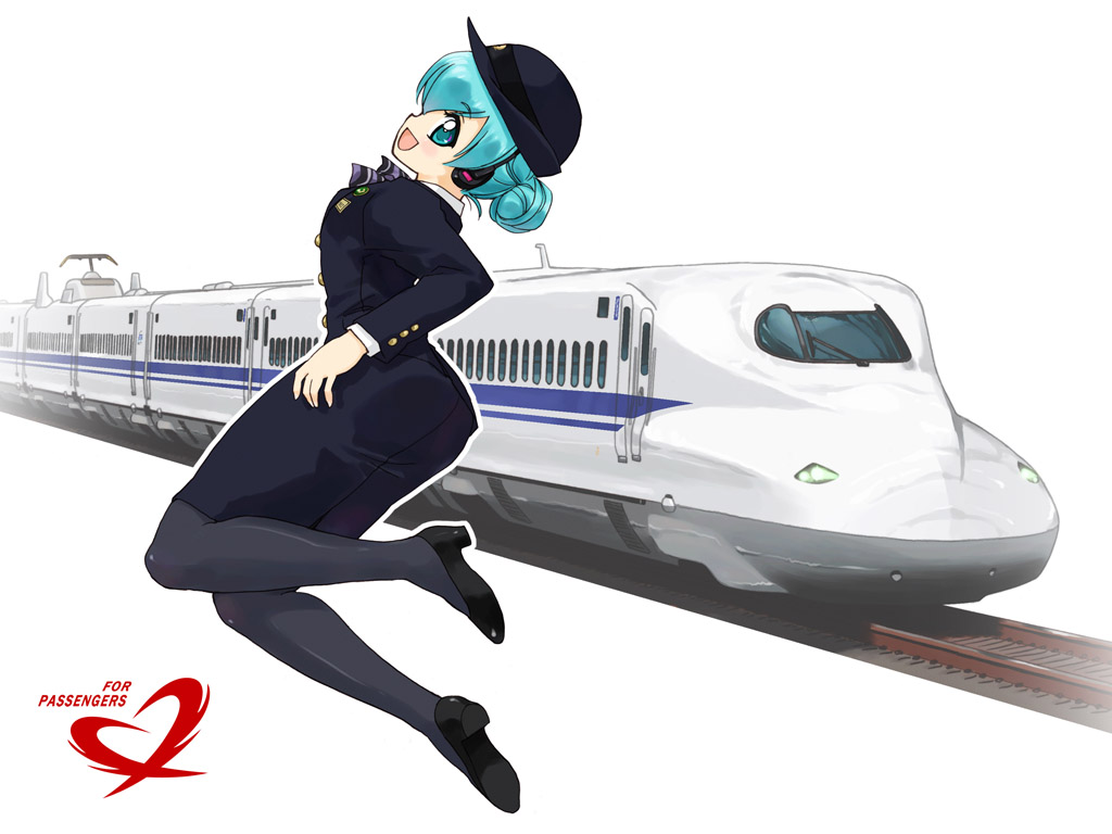 alternate_hairstyle aqua_eyes aqua_hair black_legwear hat hatsune_miku headphones open_mouth pantyhose shinkansen shoes skirt smile solo tessai train train_attendant uniform vocaloid