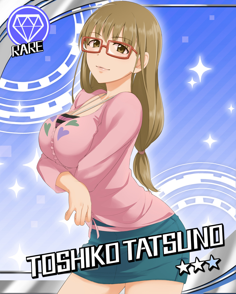 breast_hold breast_lift breasts brown_eyes brown_hair character_name cinderella_girls_card_parody crossed_arms diamond glasses idolmaster idolmaster_cinderella_girls large_breasts long_hair nidoro parody red-framed_glasses solo soredemo_machi_wa_mawatteiru sparkle star tatsuno_toshiko