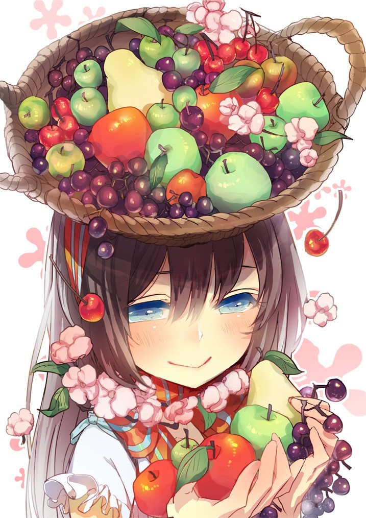 apple basket blue_eyes blush brown_hair cherry flower flower_necklace food fruit grapes holding holding_apple holding_fruit long_hair nicohi object_on_head original pear smile