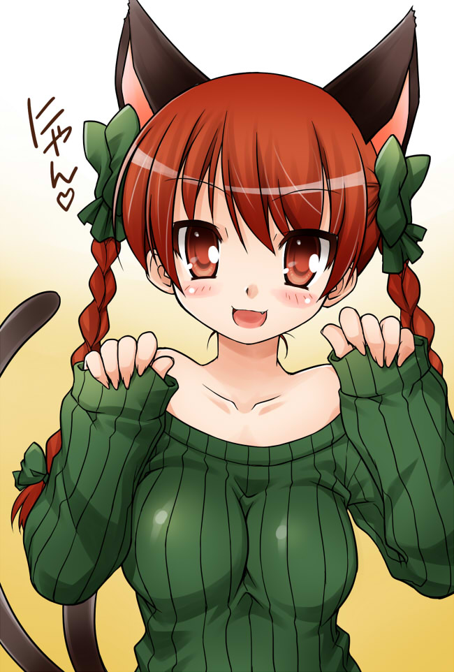akou_roushi alternate_costume animal_ears blush bow braid breasts bust cat_ears cat_tail extra_ears fang hair_bow heart kaenbyou_rin looking_at_viewer multiple_tails nyan open_mouth paw_pose pinching_sleeves red_eyes red_hair redhead ribbed_sweater sleeves_past_wrists smile solo sweater tail touhou twin_braids