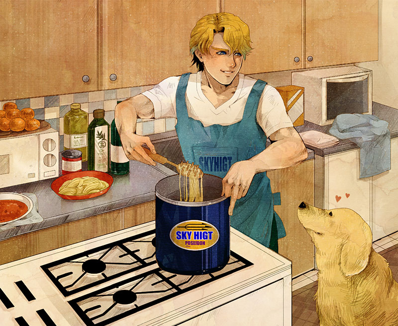 1boy apron blonde_hair blue_eyes cooking dog food john_(tiger_&amp;_bunny) keith_goodman kitchen logo male oil pasta pot short_hair skr_tsunakan spaghetti tiger_&amp;_bunny typo