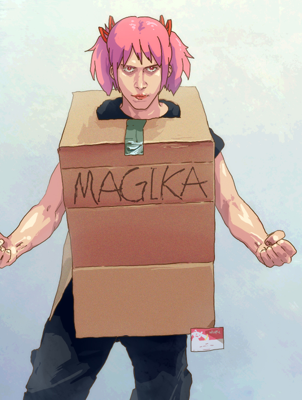 cardboard_box cardboard_box_gundam cosplay he heriki_(trkj) in_container kaname_madoka kyubey mahou_shoujo_madoka_magica parody pink_hair twintails