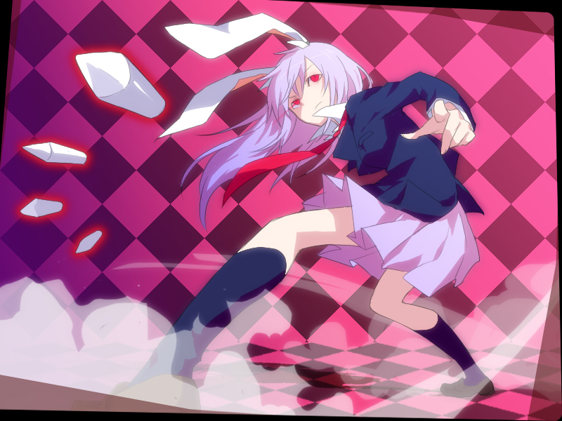 animal_ears blazer bullet bunny_ears checkered checkered_background dutch_angle foreshortening glowing glowing_eyes necktie purple_hair red-rum red_eyes reisen_udongein_inaba shion_(mamuring) shionty skirt solo touhou