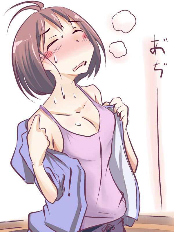blush breasts breath camisole cleavage closed_eyes eyes_closed hidaka_ai hot idolmaster idolmaster_dearly_stars looking_up natsu_(anta_tte_hitoha) open_clothes open_mouth open_shirt shirt short_hair solo sweat sweating