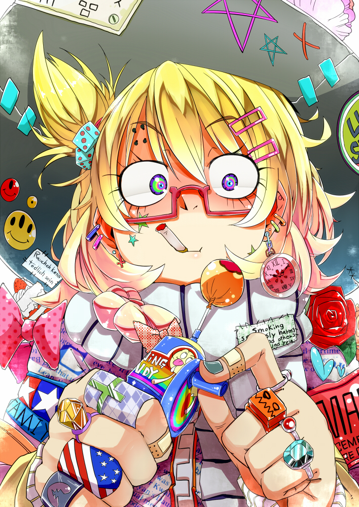 alternate_costume alternate_hairstyle american_flag argyle armband backlighting badge bandaid bespectacled between_fingers blonde_hair bust cake candy cigarette clock clothes_writing clothing_writing colorful constricted_pupils crazy_eyes cross dice ear_piercing earrings embellished_costume english face fingernails flower food fruit gem german glasses hair_bobbles hair_cubes hair_ornament hairclip hands hat hat_ribbon holding jewelry kirisame_marisa koutamii long_sleeves looking_at_viewer messy_hair multicolored_eyes nail_polish o_o patches patterned perfect_cherry_blossom piercing polka_dot_ribbon product_placement red-framed_glasses red_rose ribbon ring roman_numerals rose scarf semi-rimless_glasses sharp_teeth simple_background smiley_face smoking solo star stitched strawberry tamiya_incorporated text_print tied_hair tongue tongue_out too_many touhou translated under-rim_glasses white_background witch witch_hat zipper