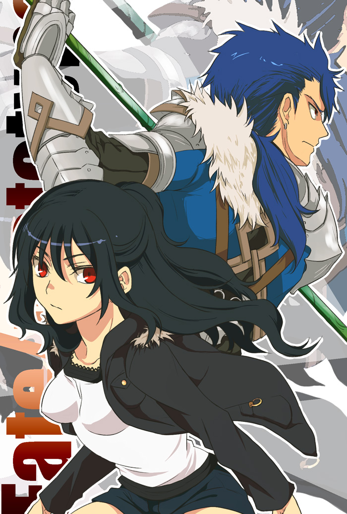 1girl akami_(ika-su) armor black_hair blue_hair breasts earrings fate/prototype fate_(series) fur_trim gae_bolg impossible_clothes impossible_clothing impossible_shirt jacket jewelry lancer_(fate/prototype) long_hair polearm ponytail red_eyes reiroukan_misaya shirt short_shorts shorts spear weapon