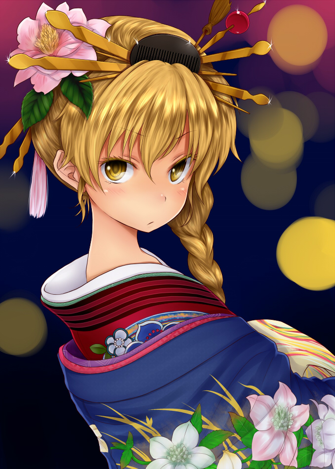 alternate_costume alternate_hairstyle asymmetrical_hair blonde_hair blurry bokeh braid bust chikado comb depth_of_field face floral_print flower hair_bun hair_comb hair_flower hair_ornament hair_stick hair_up japanese_clothes kanzashi kimono kirisame_marisa looking_at_viewer looking_back nape neck patterned side_braid single_braid solo touhou turning yellow_eyes