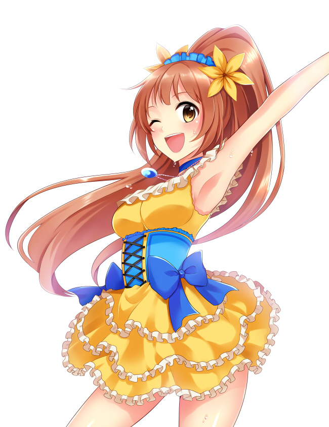 1girl ;d arm_up armpits bow brown_eyes brown_hair choker corset dress flower frills hair_flower hair_ornament idolmaster idolmaster_cinderella_girls jewelry long_hair necklace open_mouth ponytail pu_uq simple_background smile solo sweat very_long_hair wakabayashi_tomoka white_background wink yellow_dress