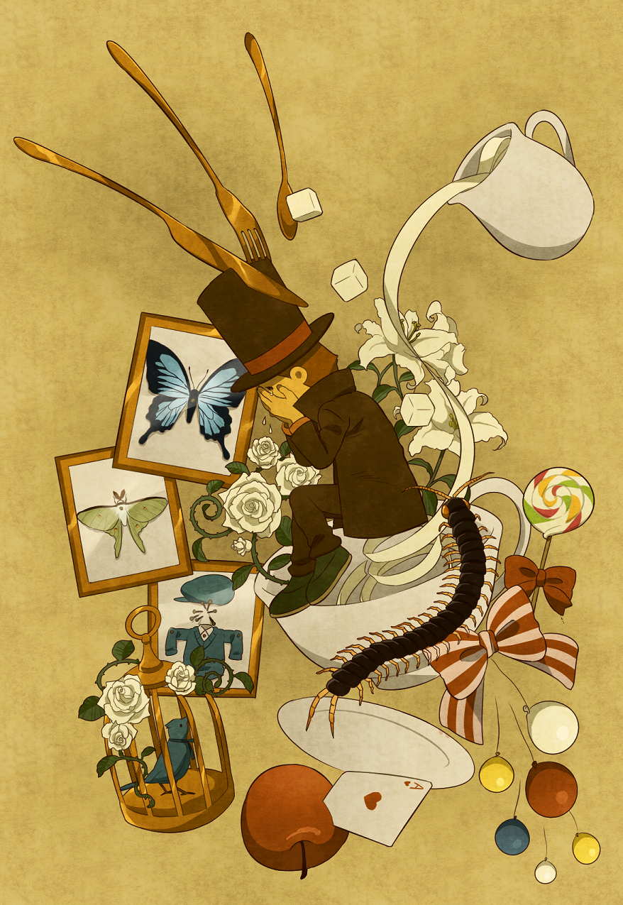 apple balloon balloons bird birdcage butterfly cage candy card centipede coat crying cup flower food fork fruit gyoniku21 hands_on_own_face hat hershel_layton highres knife lollipop playing_card professor_layton ribbon rose saucer spoon sugar_cube surreal teacup tears top_hat white_rose