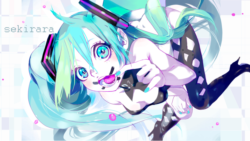 aqua_eyes aqua_hair face hatsune_miku high_heels long_hair nail_polish open_mouth shoes solo temoshi thigh-highs thighhighs twintails very_long_hair vocaloid